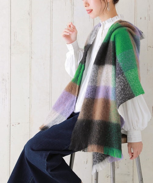 osharewalker（オシャレウォーカー）の「『チェック柄ネップヤーンリサイクルストール』（ストール/ショール・レディース・グリーン/イエロー・FREE）」の2枚目の写真