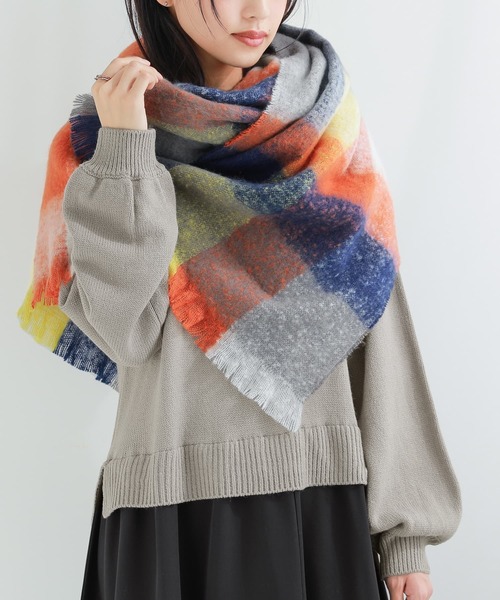 osharewalker（オシャレウォーカー）の「『チェック柄ネップヤーンリサイクルストール』（ストール/ショール・レディース・グリーン/イエロー・FREE）」の4枚目の写真