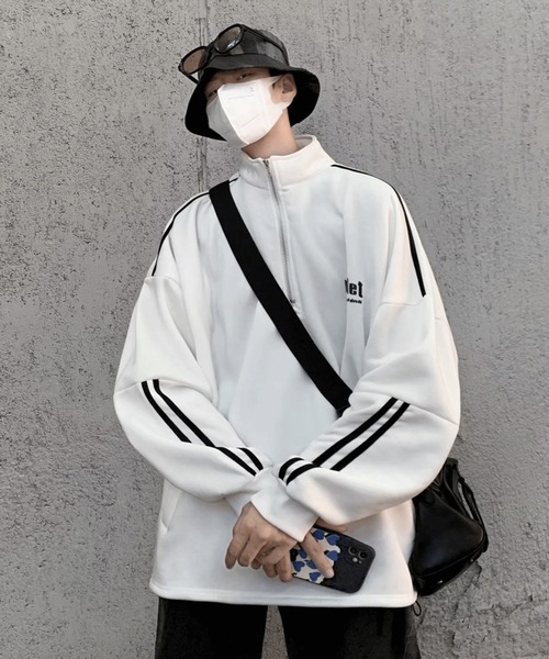 Anchor Smith（アンカー スミス）の「オーバーサイズハーフジップ サイドライン 裏起毛プルオーバースウェット（スウェット・メンズ・ホワイト/ブラック・M/L）」の22枚目の写真