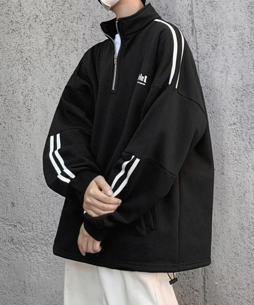 Anchor Smith（アンカー スミス）の「オーバーサイズハーフジップ サイドライン 裏起毛プルオーバースウェット（スウェット・メンズ・ホワイト/ブラック・M/L）」の5枚目の写真