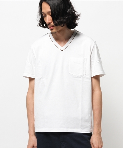417 EDIFICE(フォーワンセブンエディフィス)の「レザーパイピング V/N ポケTEE(Tシャツ/カットソー・メンズ・チャコールグレー/ホワイト/ネイビー・SMALL/LARGE/MEDIUM)」の4枚目の写真