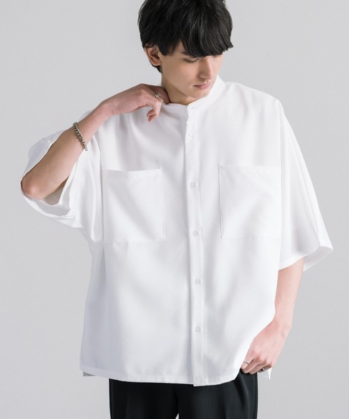 Rocky Monroe(ロッキーモンロー)の「オーバーサイズ ドルマンバンドカラー ビッグシルエット半袖シャツ(シャツ/ブラウス・メンズ・ブラック/ライトグレー/ホワイト/ライトグリーン/ブルー・M/L/XL)」の19枚目の写真