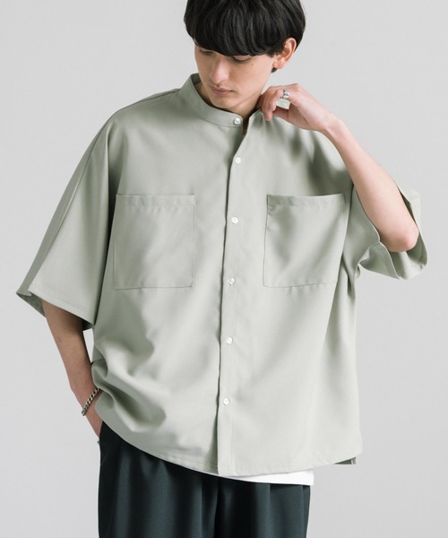 Rocky Monroe(ロッキーモンロー)の「オーバーサイズ ドルマンバンドカラー ビッグシルエット半袖シャツ(シャツ/ブラウス・メンズ・ブラック/ライトグレー/ホワイト/ライトグリーン/ブルー・M/L/XL)」の21枚目の写真