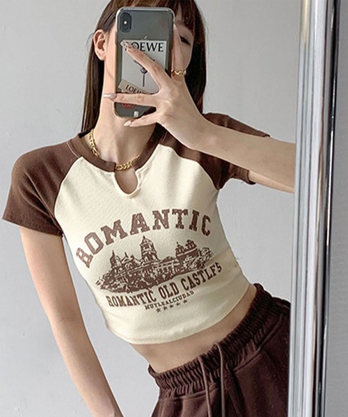 GLAMOROUS JANE(グラマラスジェーン)の「ラグラン配色クロップド丈Tシャツ(Tシャツ/カットソー・レディース・ブラウン/アイボリー・FREE)」の3枚目の写真