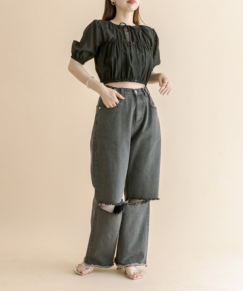 mline（エムライン）の「[mline]切り替えギャザートップス（シャツ/ブラウス・レディース・ブラック/アイボリー/ピンク・FREE）」の6枚目の写真