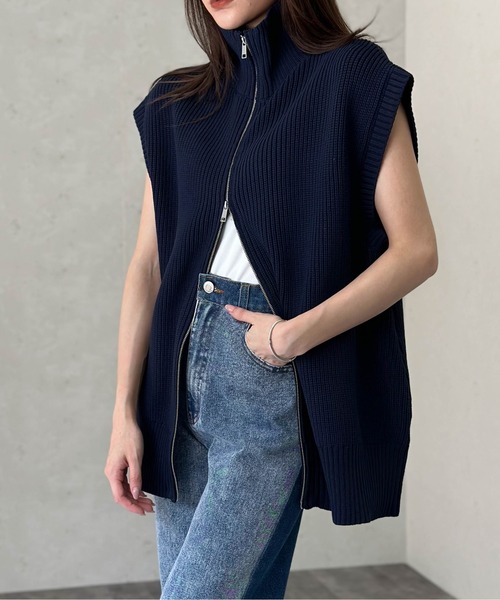Per sist ence(パーシエンス)の「ハイネックWジップニットベスト(ウォッシャブル/手洗い)(ベスト・レディース・ネイビー/グレー/アイボリー/ブラック/ライトグレー・FREE)」の5枚目の写真