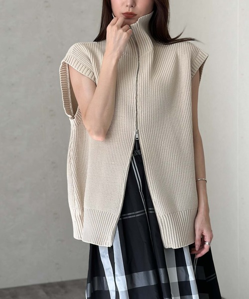 Per sist ence(パーシエンス)の「ハイネックWジップニットベスト(ウォッシャブル/手洗い)(ベスト・レディース・ネイビー/グレー/アイボリー/ブラック/ライトグレー・FREE)」の7枚目の写真