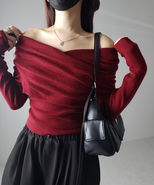 セール】【 5color 】タックデザインドレープオフショルダー