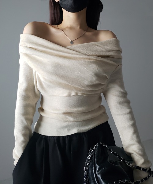 セール】【 5color 】タックデザインドレープオフショルダー