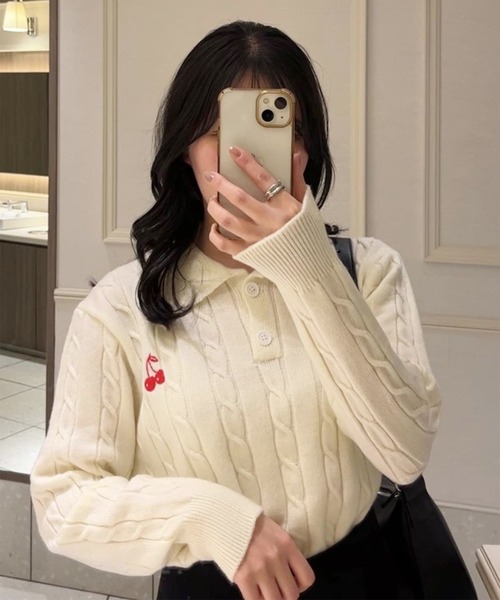 ROOPTOKYO(ループトウキョウ)の「▲CHERRIES KNIT POLO / ニットポロ(ニット/セーター・レディース・ピンク/ライトブルー/ホワイト/ラベンダー/ホワイト系その他・L/S/M/FREE)」の1枚目の写真