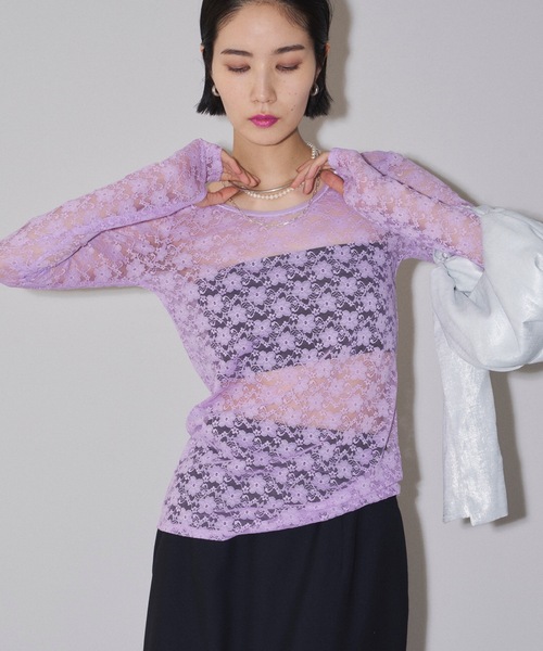 yae（ヤエ）の「2way lace top／2wayレーストップス（Tシャツ/カットソー・レディース・グレー/フューシャピンク/ライトブルー/レッド/ネイビー/ライトグリーン/ライトパープル/ブラック/サックスブルー・FREE）」の22枚目の写真