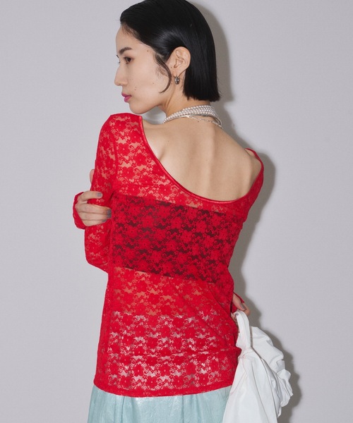 yae（ヤエ）の「2way lace top／2wayレーストップス（Tシャツ/カットソー・レディース・グレー/フューシャピンク/ライトブルー/レッド/ネイビー/ライトグリーン/ライトパープル/ブラック/サックスブルー・FREE）」の10枚目の写真