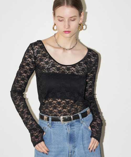 yae（ヤエ）の「2way lace top／2wayレーストップス（Tシャツ/カットソー・レディース・グレー/フューシャピンク/ライトブルー/レッド/ネイビー/ライトグリーン/ライトパープル/ブラック/サックスブルー・FREE）」の11枚目の写真
