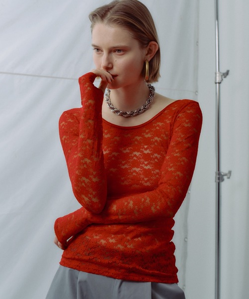 yae（ヤエ）の「2way lace top／2wayレーストップス（Tシャツ/カットソー・レディース・グレー/フューシャピンク/ライトブルー/レッド/ネイビー/ライトグリーン/ライトパープル/ブラック/サックスブルー・FREE）」の21枚目の写真