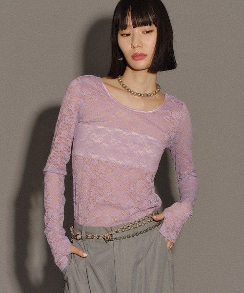 yae（ヤエ）の「2way lace top／2wayレーストップス（Tシャツ/カットソー・レディース・グレー/フューシャピンク/ライトブルー/レッド/ネイビー/ライトグリーン/ライトパープル/ブラック/サックスブルー・FREE）」の17枚目の写真