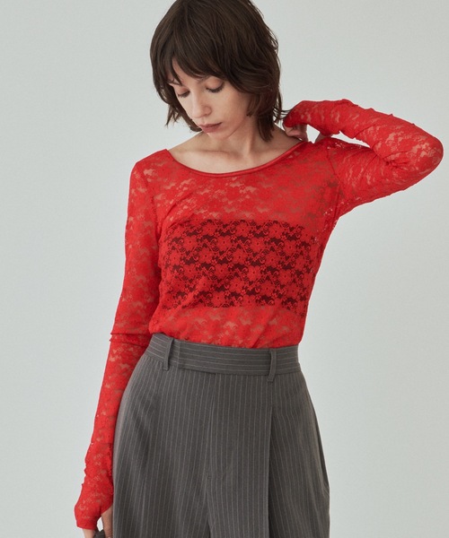 yae（ヤエ）の「2way lace top／2wayレーストップス（Tシャツ/カットソー・レディース・グレー/フューシャピンク/ライトブルー/レッド/ネイビー/ライトグリーン/ライトパープル/ブラック/サックスブルー・FREE）」の14枚目の写真