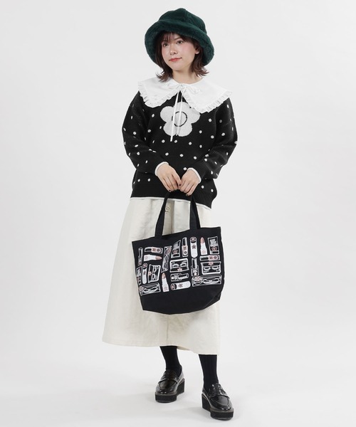 マリークワント デイジー ロゴ刺繍 パフスリーブ ワンピース 黒×白 【極美品】 MARY QUANT（マリークワント）の「デイジーロゴパフスリーブ
