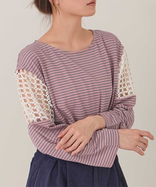 miette(ミエット)の「フラワーレース切替ボーダーロンT(Tシャツ/カットソー・レディース・ピンク/オレンジ/ライトグリーン・FREE)」の3枚目の写真