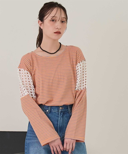 miette(ミエット)の「フラワーレース切替ボーダーロンT(Tシャツ/カットソー・レディース・ピンク/オレンジ/ライトグリーン・FREE)」の1枚目の写真