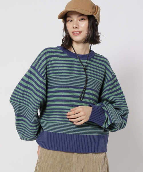 Y's ボーダーニット　グリーン✖️ネイビー niko and（ニコアンド）の「ガーターボーダーニットプルオーバー