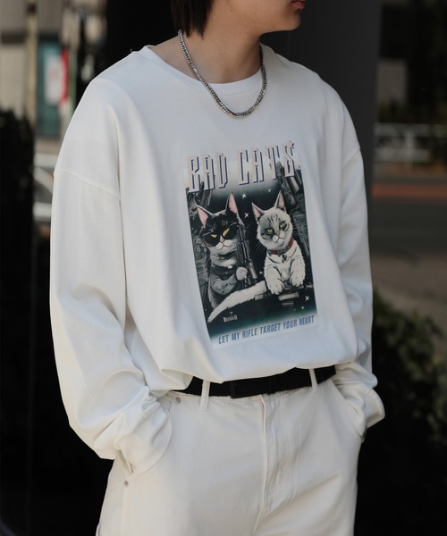 HOOK(フック)の「HOOK -original- にゃんにゃんマフィアプリントロンTEE(Tシャツ/カットソー・メンズ・ホワイト/ネイビー/ブラック/グレー・M/L/XL)」の2枚目の写真