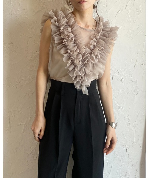 She's Closet(シーズクローゼット)の「シアーフリルチュールショート丈クロップドビスチェベスト(ベスト・レディース・グレイッシュベージュ/アイボリー/ブラック/グレー/チャコールグレー・FREE)」の12枚目の写真