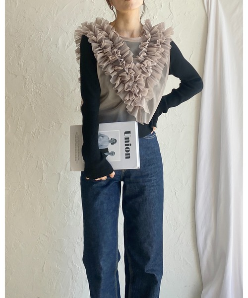 She's Closet(シーズクローゼット)の「シアーフリルチュールショート丈クロップドビスチェベスト(ベスト・レディース・グレイッシュベージュ/アイボリー/ブラック/グレー/チャコールグレー・FREE)」の15枚目の写真