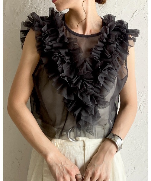 セール】シアーフリルチュールショート丈クロップドビスチェベスト