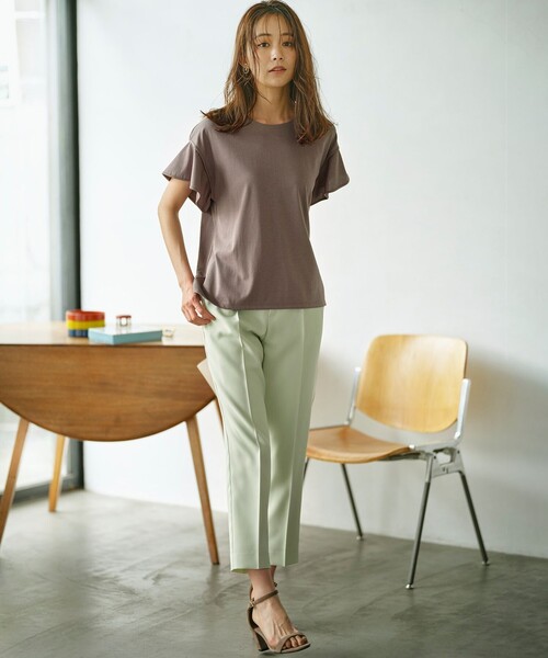 【UVケア・接触冷感】GIZAプレーティング天竺フリルスリーブ Tシャツ UVケア・接触冷感】GIZAプレーティング天竺フリルスリーブ T
