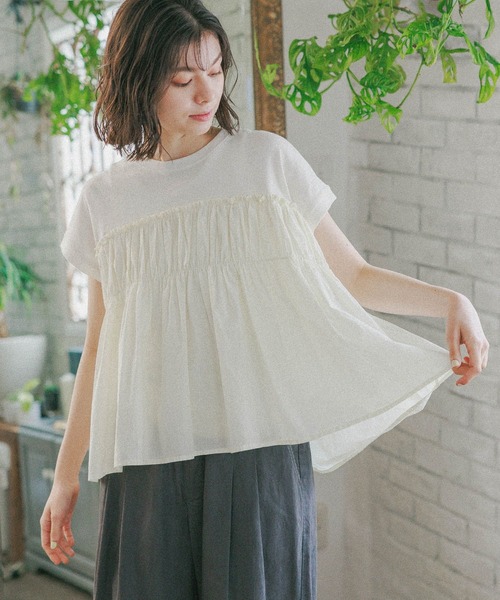 niko and...（ニコアンド）の「ドッキングギャザープルオーバー（Tシャツ/カットソー・レディース・ピンク/チャコール/パープル/オフホワイト・MEDIUM/LARGE）」の2枚目の写真