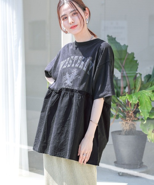 (´・ω・｀) セール】切り替えリメイク風5分袖チュニック 124109（Tシャツ