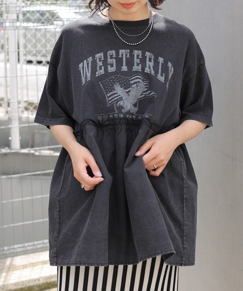 LEPSIM（レプシィム）の「切り替えリメイク風5分袖チュニック　124109（Tシャツ/カットソー・レディース・チャコールグレー/杢グレー/ブルー・FREE）」の5枚目の写真