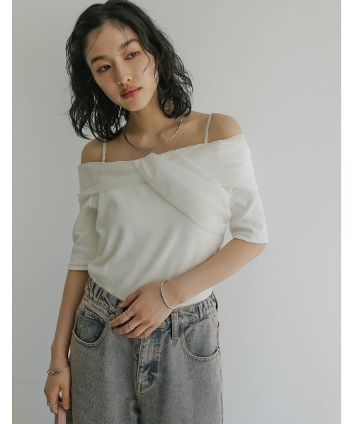 Re:EDIT（リエディ）の「[2024 SUMMER COLLECTION]オーガンジードッキングリブオフショルトップス（シャツ/ブラウス・レディース・ホワイト/ブラック・LARGE/MEDIUM）」の8枚目の写真