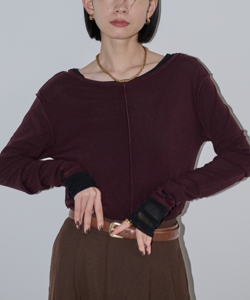 Shelly island(シェリーアイランド)の「メッシュシアーロングスリーブTEE(Tシャツ/カットソー・レディース・バーガンディー/ブルー/チャコールグレー/ホワイト/ブラック・FREE)」の5枚目の写真