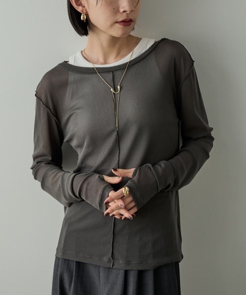 Shelly island(シェリーアイランド)の「メッシュシアーロングスリーブTEE(Tシャツ/カットソー・レディース・バーガンディー/ブルー/チャコールグレー/ホワイト/ブラック・FREE)」の3枚目の写真