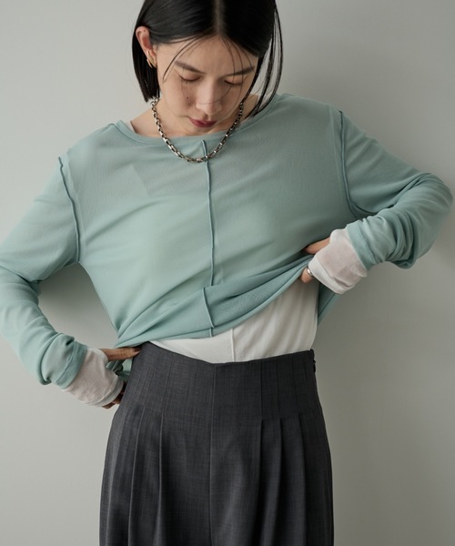 Shelly island(シェリーアイランド)の「メッシュシアーロングスリーブTEE(Tシャツ/カットソー・レディース・バーガンディー/ブルー/チャコールグレー/ホワイト/ブラック・FREE)」の4枚目の写真