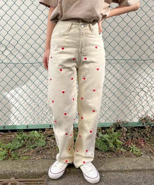 セール】《ハート刺繍デニム》レディース ワイドパンツ ルーズ