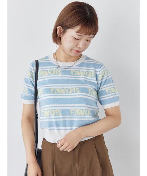 ehka sopo(エヘカソポ)の「ロゴジャカード半袖ニット(ニット/セーター・レディース・サックスブルー/グレー/キナリ/イエロー・F)」の4枚目の写真