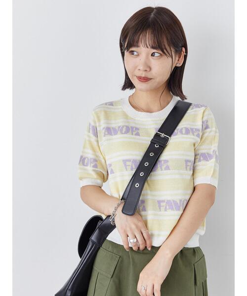 ehka sopo(エヘカソポ)の「ロゴジャカード半袖ニット(ニット/セーター・レディース・サックスブルー/グレー/キナリ/イエロー・F)」の1枚目の写真