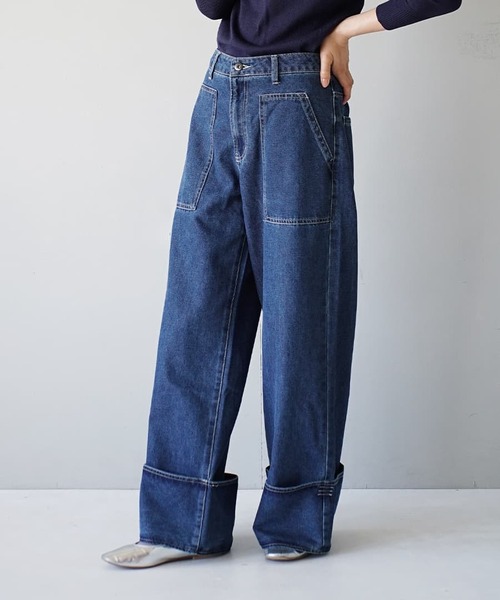 e-zakkamania stores（イーザッカマニアストアーズ）の「ステッチデニム ワイドパンツ（デニムパンツ・レディース・グレー/ブルー/ネイビー・L/M）」の3枚目の写真
