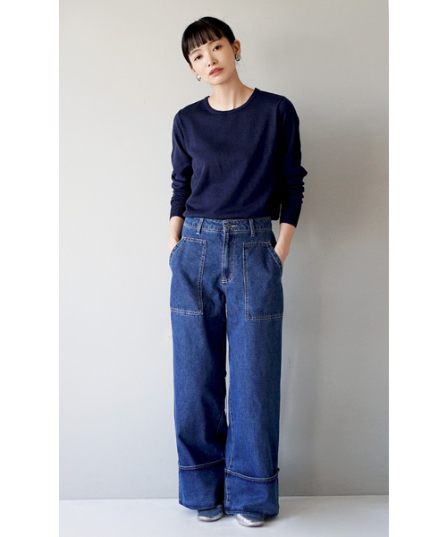e-zakkamania stores（イーザッカマニアストアーズ）の「ステッチデニム ワイドパンツ（デニムパンツ・レディース・グレー/ブルー/ネイビー・L/M）」の4枚目の写真