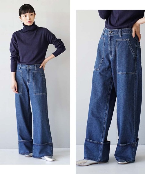 e-zakkamania stores（イーザッカマニアストアーズ）の「ステッチデニム ワイドパンツ（デニムパンツ・レディース・グレー/ブルー/ネイビー・L/M）」の6枚目の写真