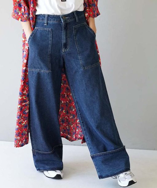 e-zakkamania stores（イーザッカマニアストアーズ）の「ステッチデニム ワイドパンツ（デニムパンツ・レディース・グレー/ブルー/ネイビー・L/M）」の8枚目の写真
