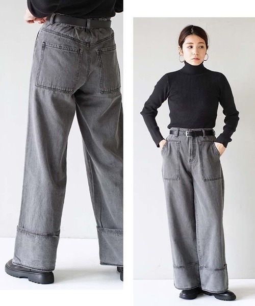 e-zakkamania stores（イーザッカマニアストアーズ）の「ステッチデニム ワイドパンツ（デニムパンツ・レディース・グレー/ブルー/ネイビー・L/M）」の11枚目の写真