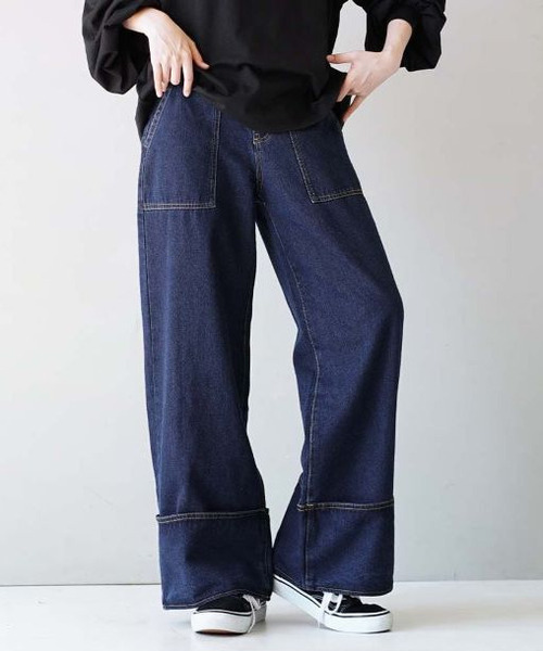 e-zakkamania stores（イーザッカマニアストアーズ）の「ステッチデニム ワイドパンツ（デニムパンツ・レディース・グレー/ブルー/ネイビー・L/M）」の13枚目の写真