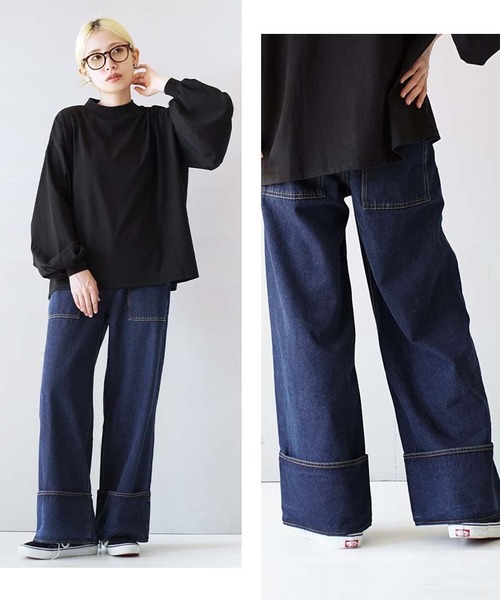 e-zakkamania stores（イーザッカマニアストアーズ）の「ステッチデニム ワイドパンツ（デニムパンツ・レディース・グレー/ブルー/ネイビー・L/M）」の14枚目の写真