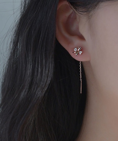 セール】ビジュー クローバー ロング チェーン ピアス（ピアス