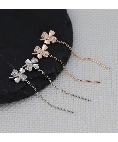 セール】ビジュー クローバー ロング チェーン ピアス（ピアス