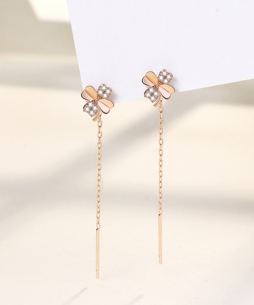 セール】ビジュー クローバー ロング チェーン ピアス（ピアス