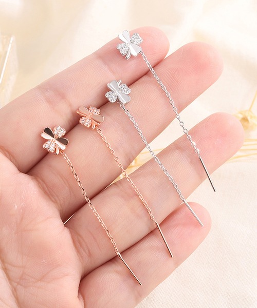 セール】ビジュー クローバー ロング チェーン ピアス（ピアス